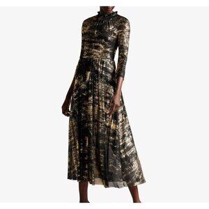 TED BAKER Iggiey metallic-print frilled-neck midi dress US size 6 Ted size 2